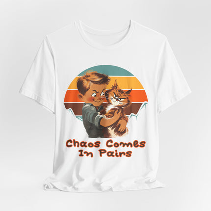 Chaos Comes In Pairs T‑Shirt — Vintage Boy & Cat Retro Sunset Tee