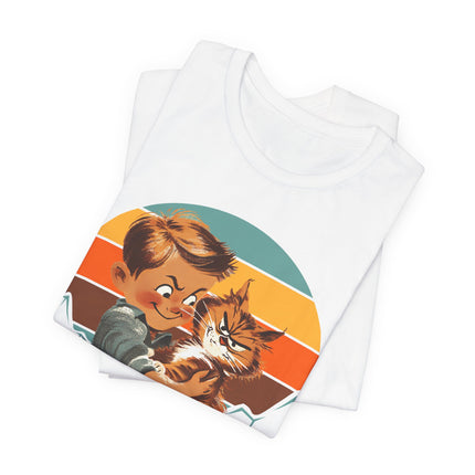 Chaos Comes In Pairs T‑Shirt — Vintage Boy & Cat Retro Sunset Tee